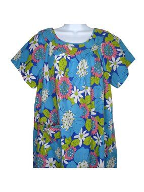 Vintage Sears Fashions Blue Floral Perma-Prest Muumuu Housedress Pocket XL